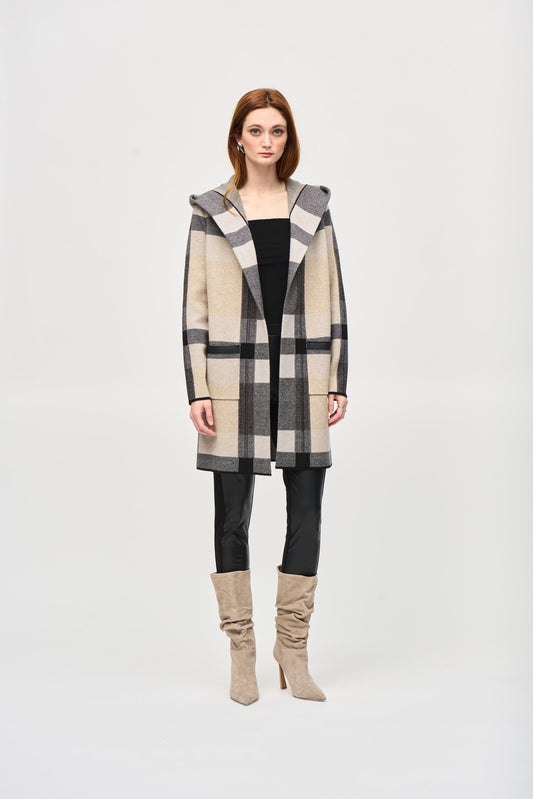 Joseph Ribkoff Hooded Tartan Winter Cardigan