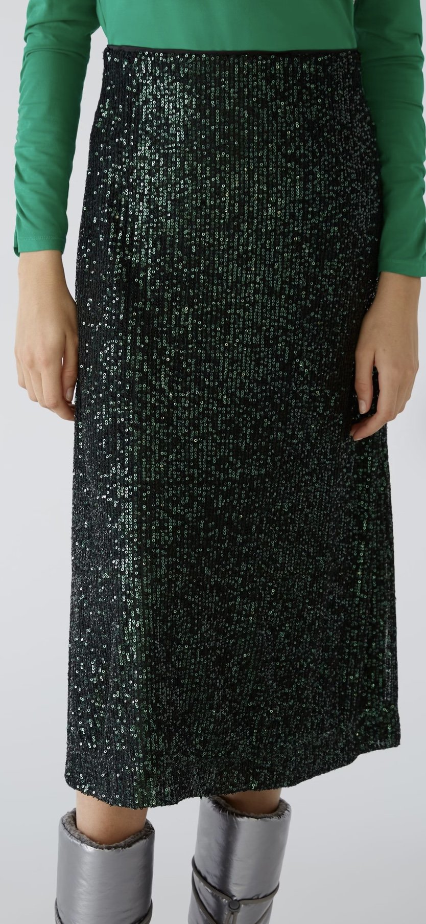 Oui Dark Green Sequin Midi Skirt